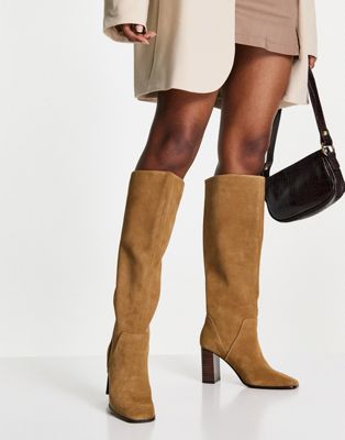 Mango leather knee high heeled boots in brown suede