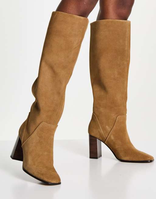 Mango leather knee high heeled boots in brown suede