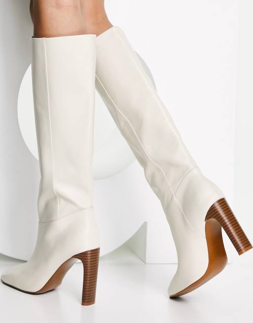 Mango leather knee high heeled boots in cream with wooden heel ASOS