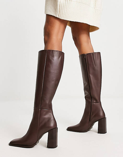 ga verder voordelig doorboren Mango leather knee high heeled boots in dark brown | ASOS