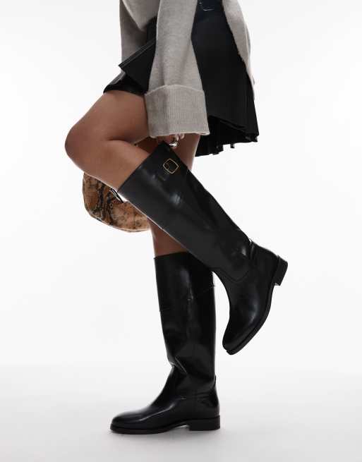 Plain black leather knee high boots online