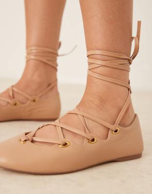 Mango Leather Lace Up Flat Shoes In Pink