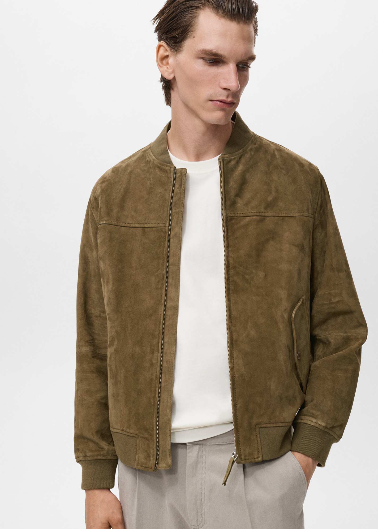 Куртка-бомбер Mango leather look зеленого цвета хаки