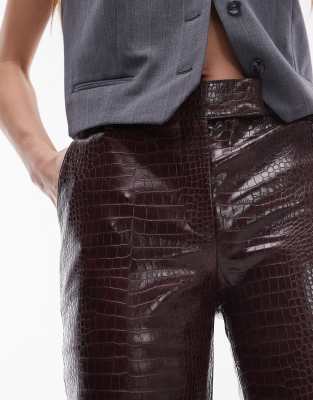 Mango Leather Look Croc Flare Pants In Red