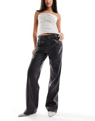 Shop Mango Leather Look Dad Pants In Black