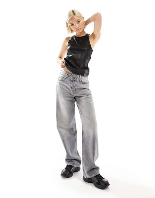 Mango leather look front tank top in black