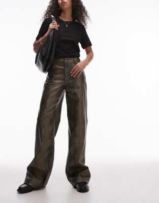 leather look straight leg snake print pants in brown