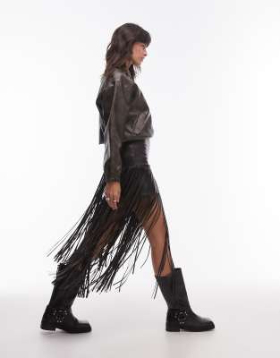 leather look tassle skirt in brown-Black