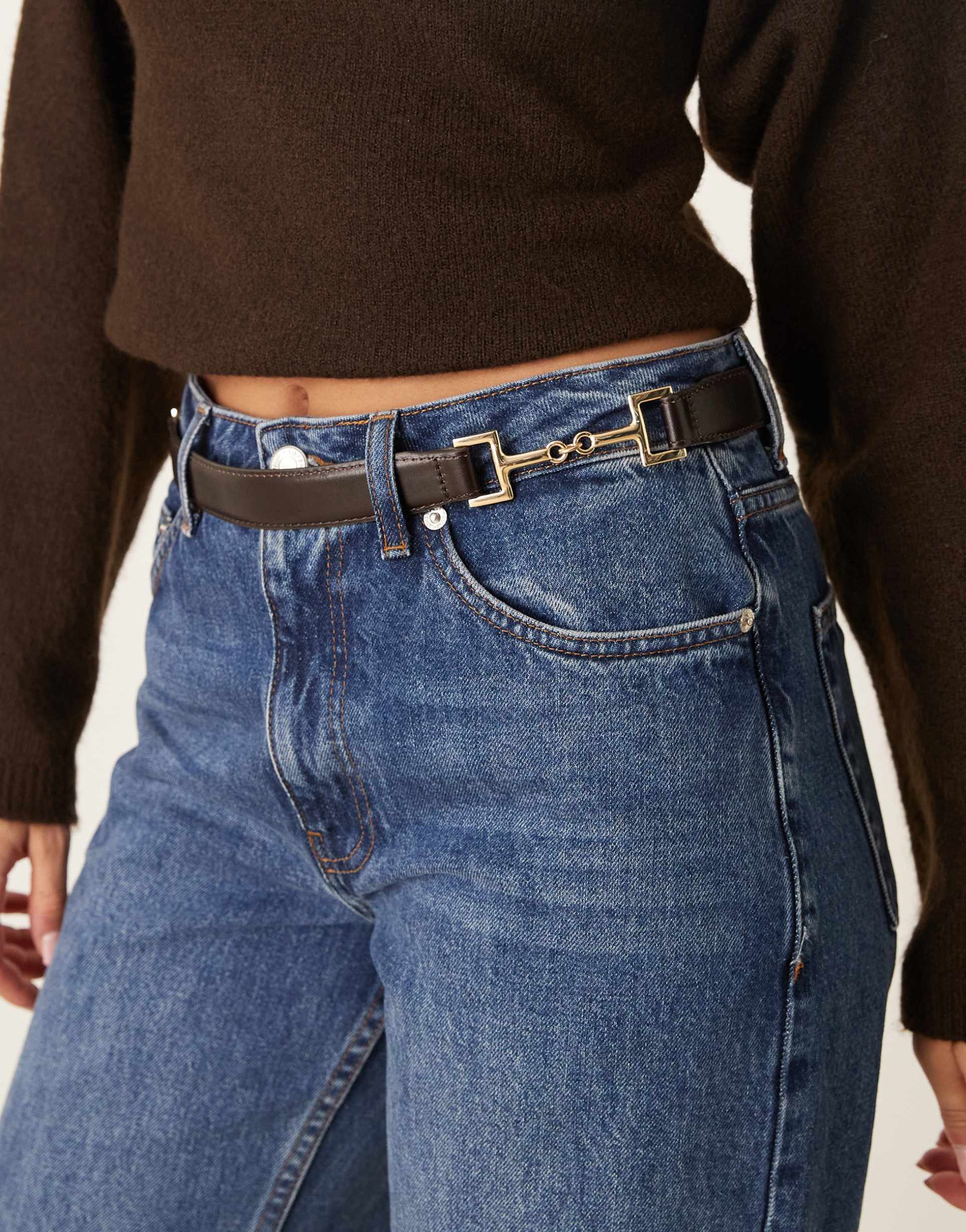 mango leather mix chain detail belt in chocolate