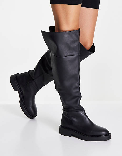 wipe out Fable bullet Mango leather over the knee flat boots in black | ASOS