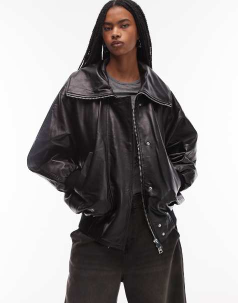 Mango leather oversized bomber jacket in black - view 1
