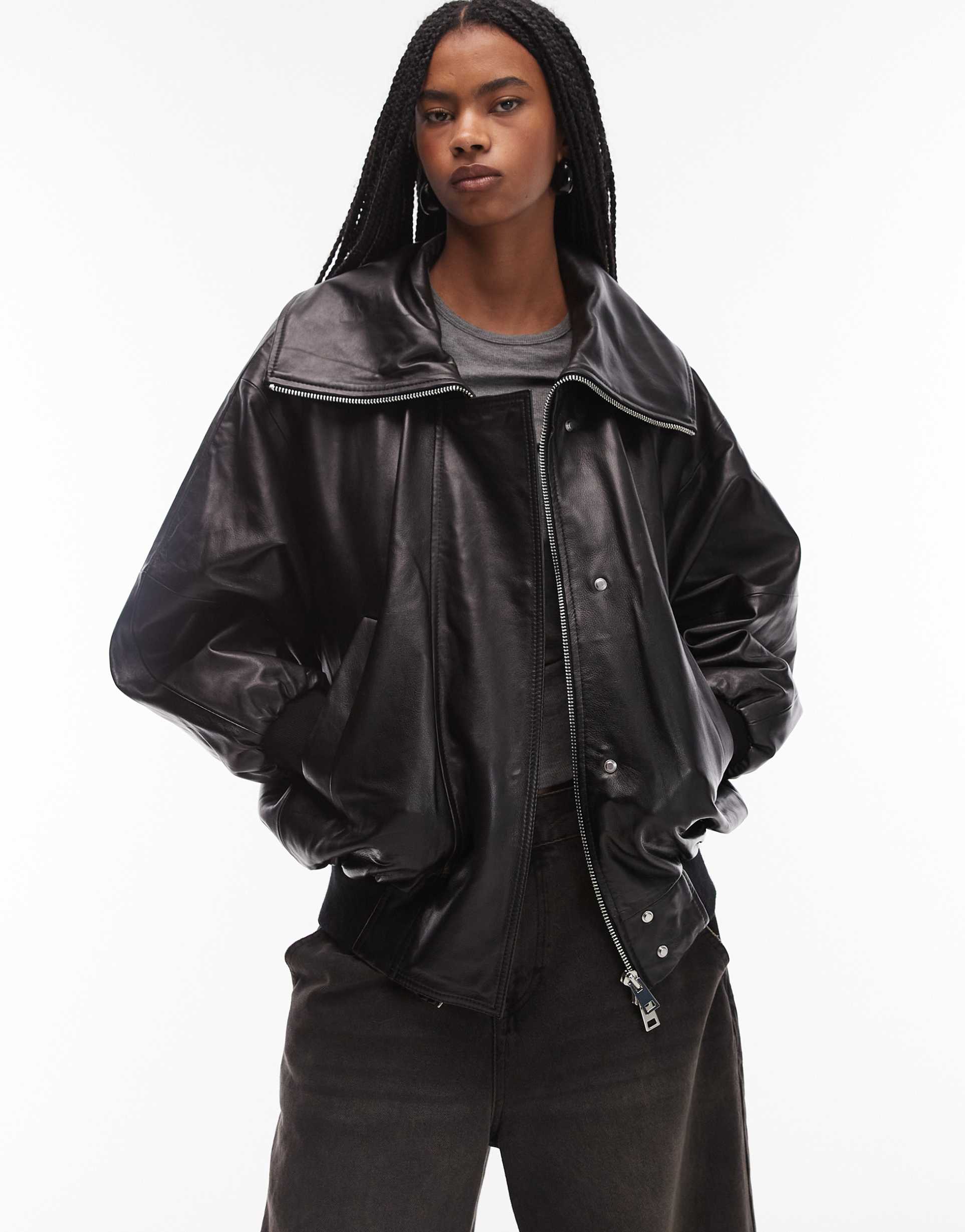 mango leather oversized bomber jacket in black
