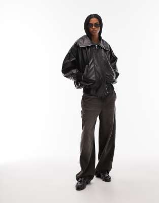 Mango Leather Oversized Bomber Jacket In Black