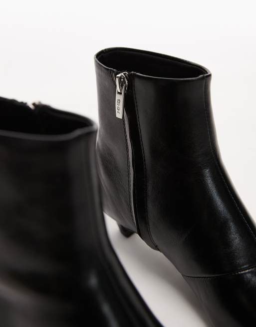 Mango leather square toe kitten heel boots in black, 3 of 4