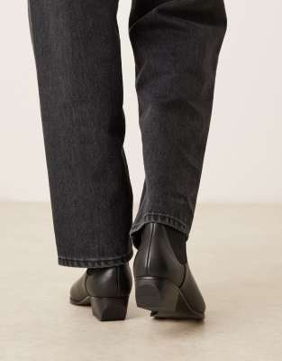 Mango Leather Square Toe Low Heel Ankle Boots In Black