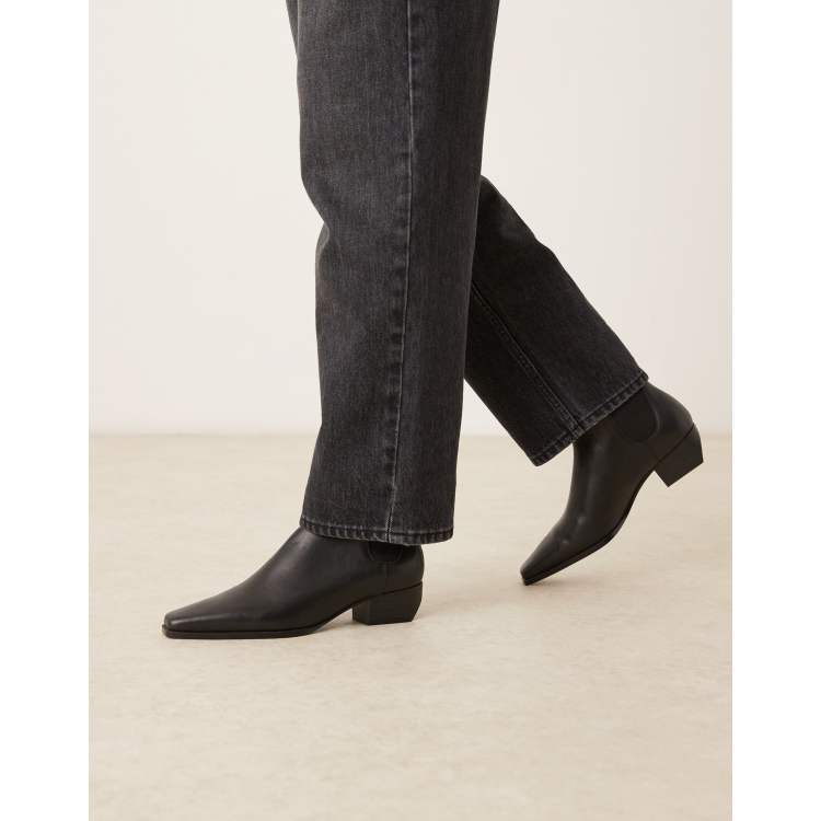Mango leather square toe low heeled ankle boot in black ASOS