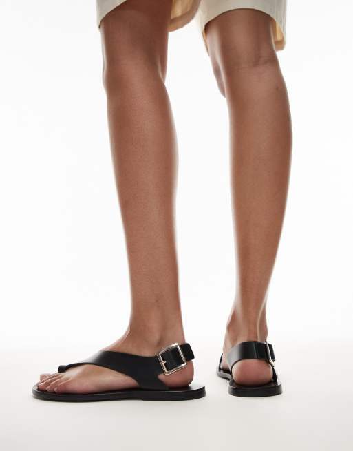 Mango leather strap buckle detail sandals in black | ASOS