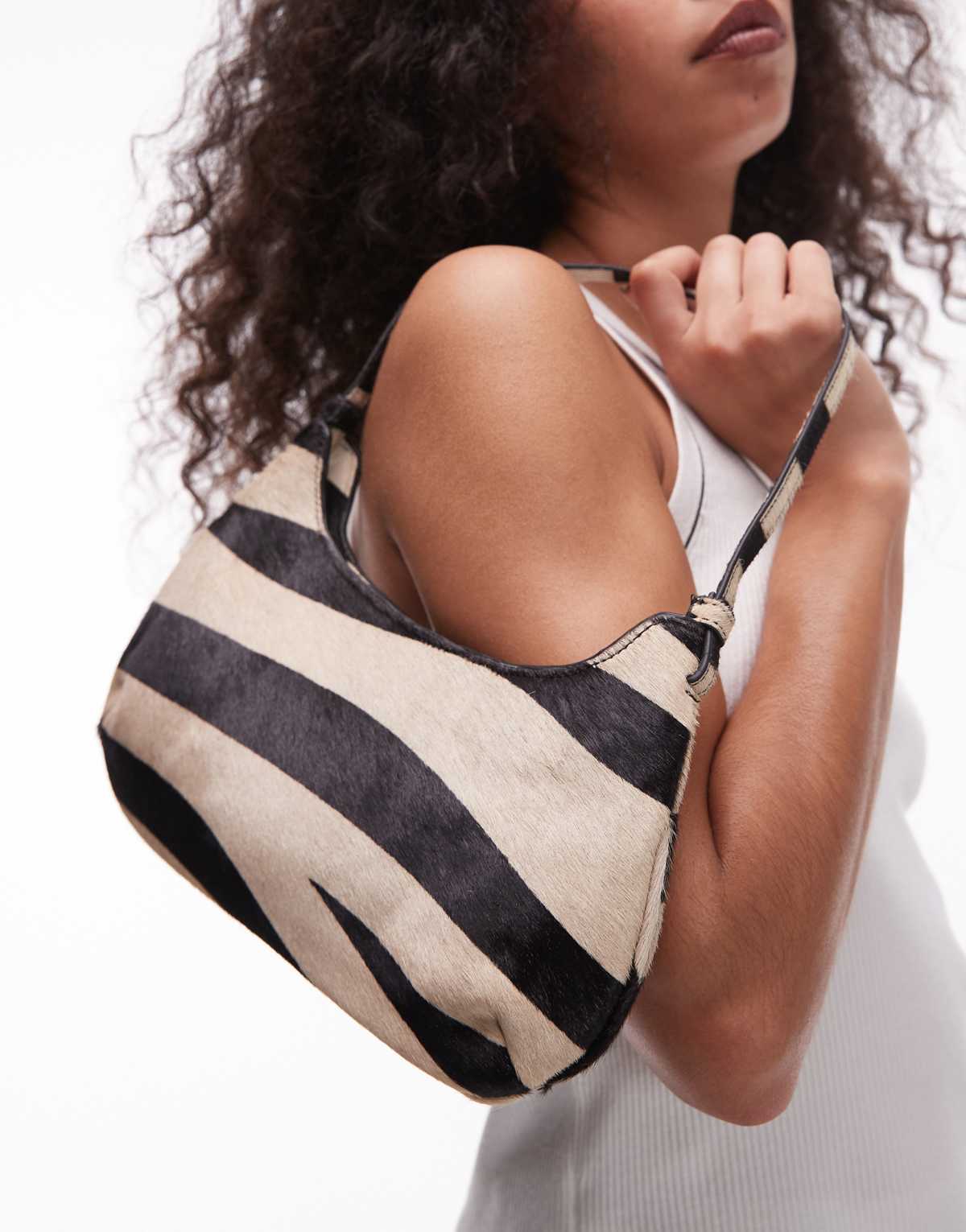 Mango leather zebra print shoulder bag in white