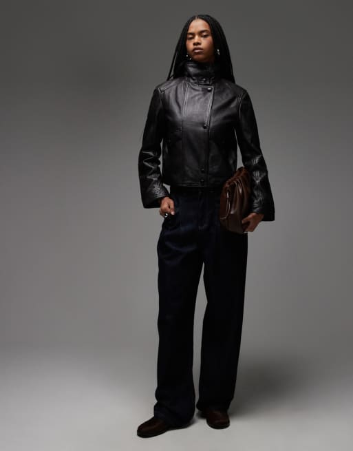 Mango – Lederjacke in Dunkelbraun mit Stehkragen ASOS