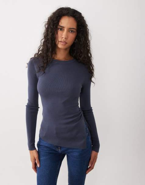 Mango leichter Strick-Longsleeve mit Raffungen an der Seite in Petrolblau - view 1