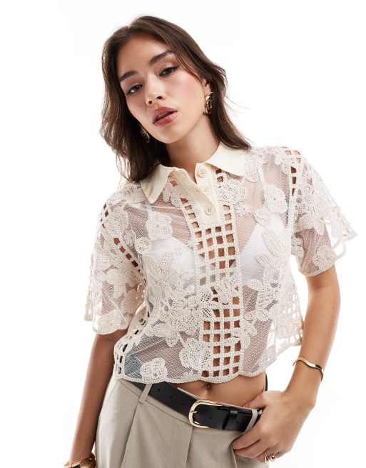 Mango – Leichtes Hemd in Weiß mit Häkeldesign