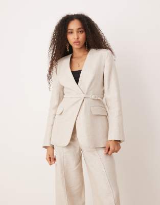 Mango - Leinen-Blazer in Hellbeige mit V-Ausschnitt und raffendem Taillengürtel, Kombiteil-Neutral