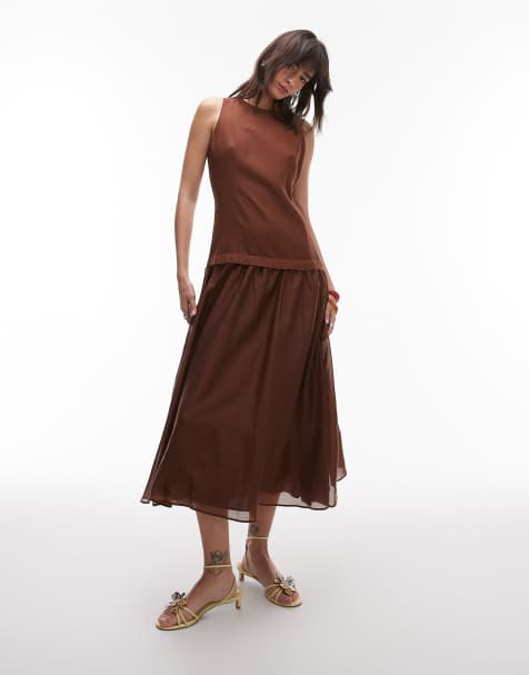 Mango – Leinen-Maxikleid in Schokobraun mit transparentem Saum und tiefer Taille - view 1