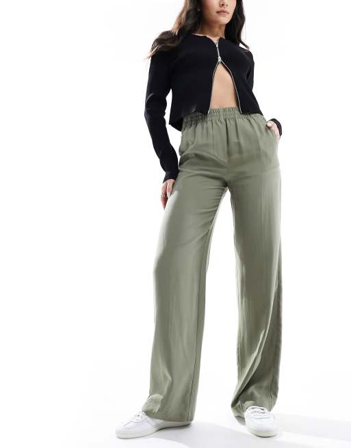 Mango – Leinenhose mit geradem Bein in Khaki