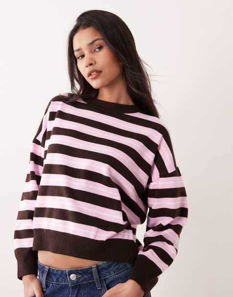 Mango – Lekki dzianinowy sweter w różowo-brązowe paski - view 1
