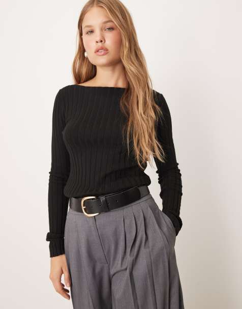Mango ribbed slash neck lightweight jumper in black
