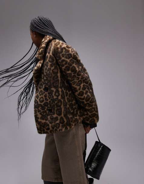 Mango leopard print fur jacket in brown - view 1