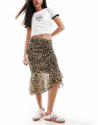 Mango Leopard Print Midi Skirt With Asymmetric Hem In Brown