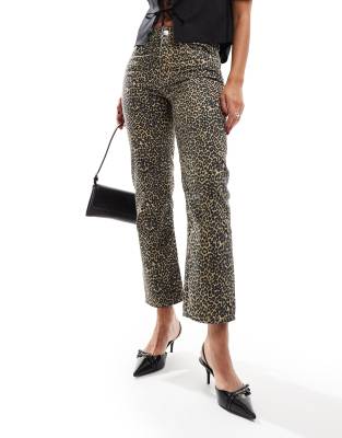 leopard print straight leg jeans in brown