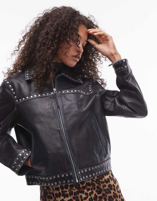 Mango - Leren jack met studs in zwart