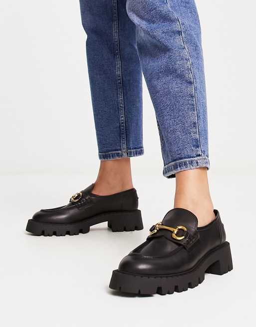 Mango - Leren loafers met dikke zool in zwart