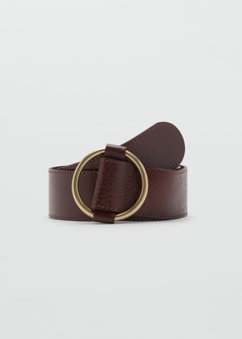 Mango - Leren riem met ronde gouden gesp in bruin - view 1