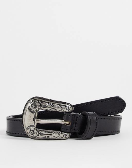 Mango - Leren riem met Western gesp in zwart