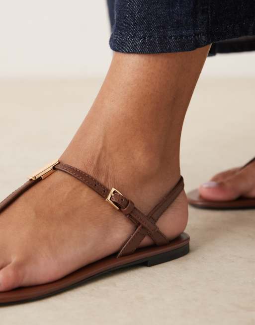Mango - Leren sandalen met smalle bandjes en gouden accenten in bruin, 2 van 4