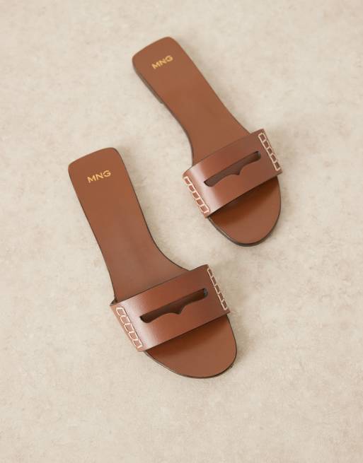 Mango - Leren sandalen met uitsnijdingen en stikseldetails in bruin, 2 van 4