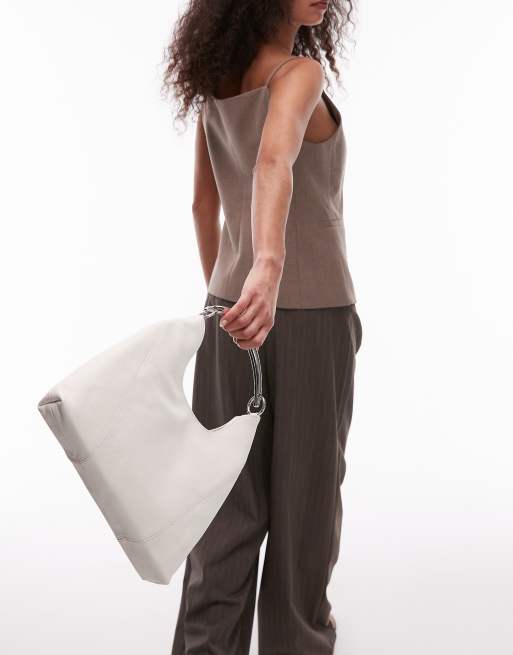 Mango - Leren schoudertas met metalen handvat in gebroken wit, 3 van 4