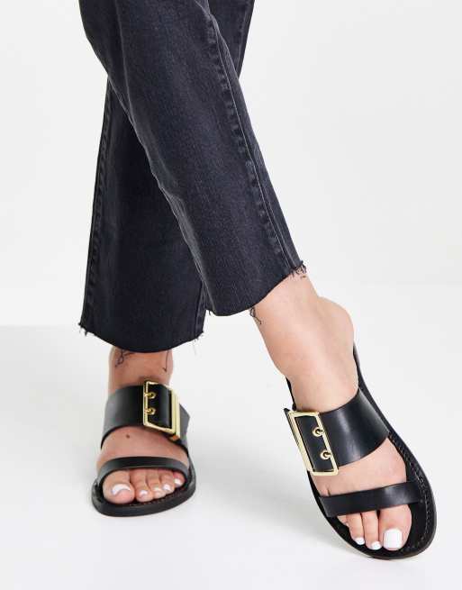 Mango - Leren slippersandalen in zwart