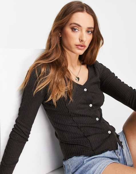 Mango lettuce edge button front top in dark brown