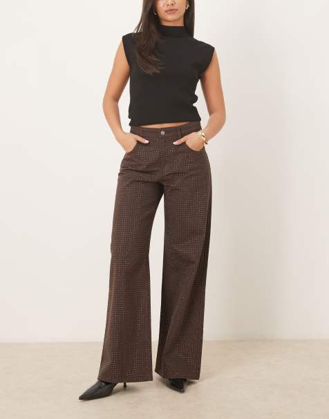 Mango Libra 100% cotton wide leg jean with embellishment in brown