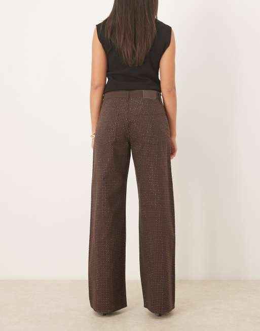 Mango - Libra - Katoenen jeans met wijde pijpen en siersteentjes in bruin, 2 van 5