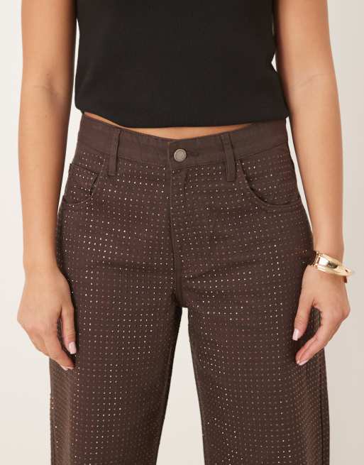 Mango - Libra - Katoenen jeans met wijde pijpen en siersteentjes in bruin, 4 van 5