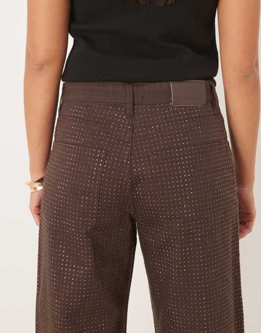Mango - Libra - Katoenen jeans met wijde pijpen en siersteentjes in bruin, 5 van 5