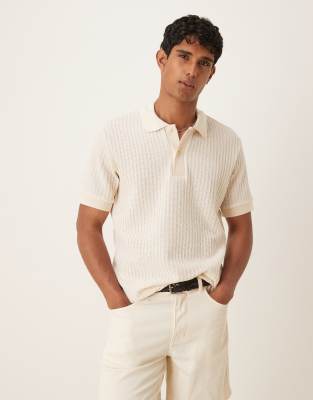 Mango Mango light knit ribbed polo top in beige-Neutral