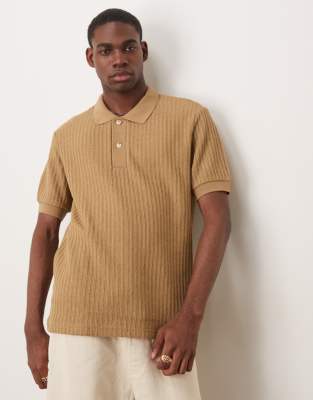 Mango Mango light knit ribbed polo top in tan-Brown