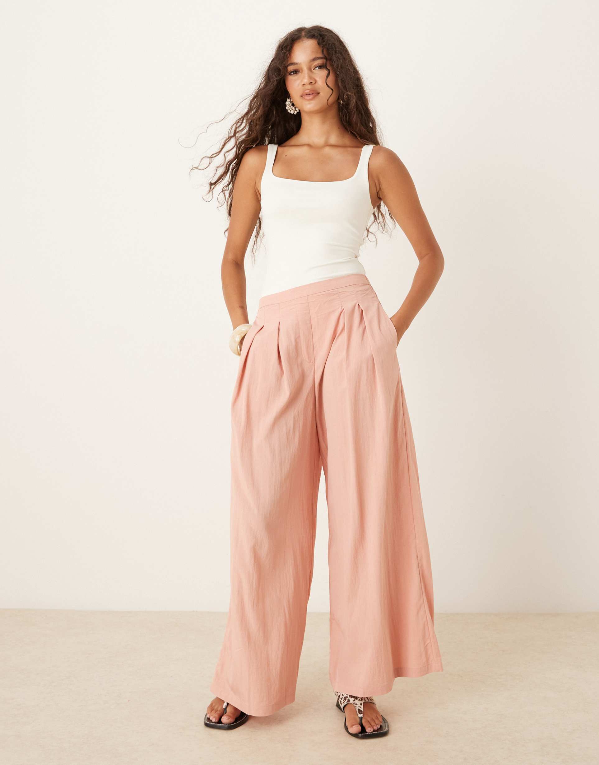 mango light weight wide leg pants in blush pink