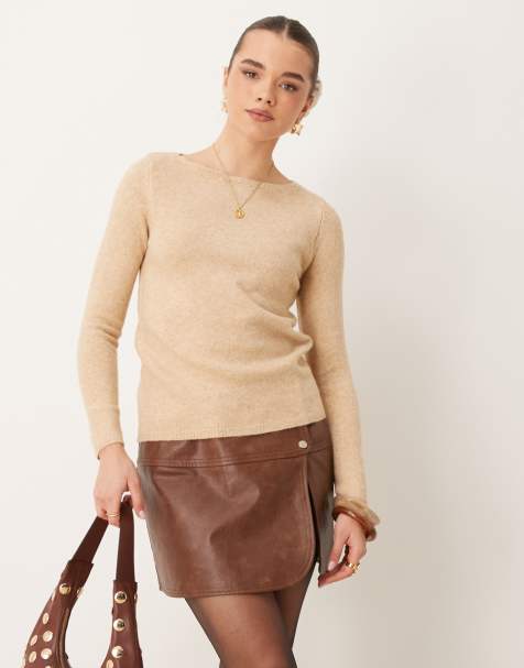 Mango lightweight high boat neck jumper in beige - view 1